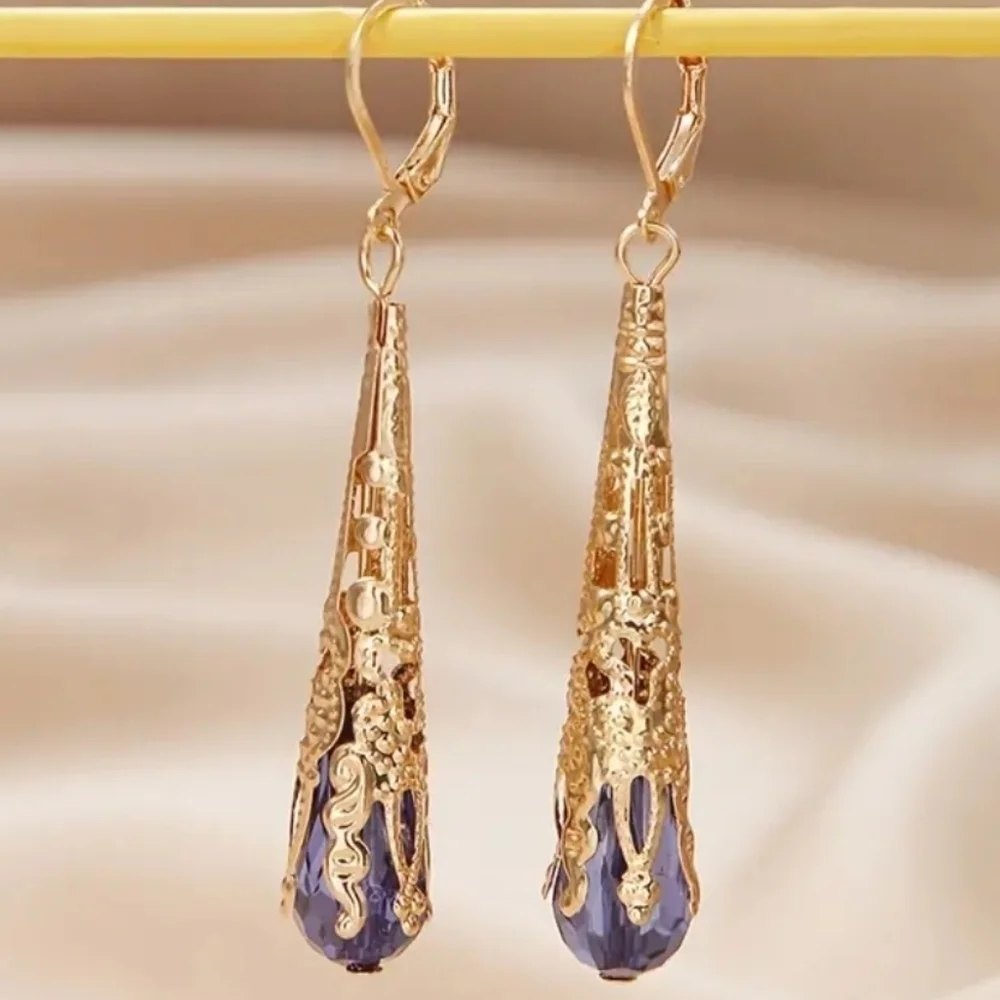 Gold Plated Blue/Purple Elongated Turkish Earrings